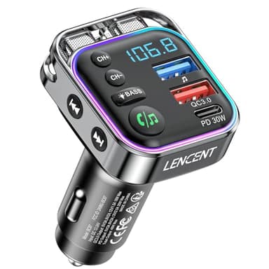 LENCENT Transmisor FM Bluetooth 5.3, Adaptador Bluetooth Coche con Carga Rápida PD 30W & QC3.0, Cargador de Coche con Alta Fidelidad Música Agudos, Llamadas Manos Libres