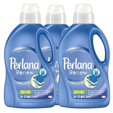 Perlana Renew Sport - Detergente líquido para ropa y lavadora - Cuidado activo - Elimina malos olores para tejidos deportivos, 24 lavados, 3 botellas de 1,44 l