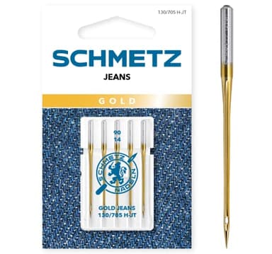 SCHMETZ | 5 Agujas para máquinas de coser | Jeans Gold | 130/705 H-JT | Grosor 90/14 | Adecuadas para trabajos de costura en pantalones vaqueros y similares