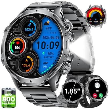 LIGE 1.85" Reloj Inteligente Hombre con LED Linterna,800mAh,IP68 Impermeable,Frecuencia Cardíaca, SpO2, Monitor de Sueño,Más de 30 días en Espera,Llamadas Bluetooth Smartwatch para Android iOS