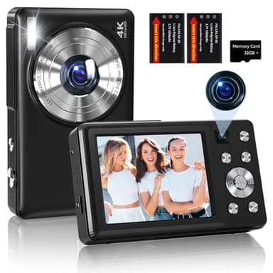 Cámara Digital 4K 64 MP Autoenfoque Camara de Fotos Digital Compacta para Vlogging y Selfies, Pantalla 2,8″, Zoom 16X, 2 Baterías, Negro