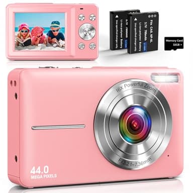 Cámara Digital Compacta Cámara de Fotos Digital con Foto 44MP, Vídeo 1080P, Pantalla IPS de 2,4”, Zoom Digital 16X, Antivibración, Tarjeta de 32GB, 2 Baterías para Niños, Niñas y Adolescentes Rosa