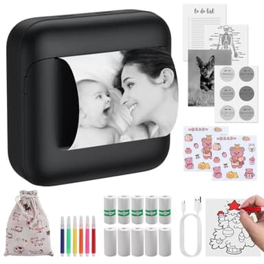 eSynic Mini Impresora Térmica Portátil Sin Tinta Impresora Compacta Bluetooth para Fotos Texto y Stickers Impresión Rápida en Casa y Oficina Compatible Android e iOS Incluye Papel y Accesorios-Negro