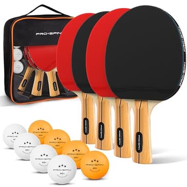 PRO-SPIN Palas de Ping Pong, Set de Alto Rendimiento - Palas de Tenis de Mesa, Pelotas de Ping Pong 3*, Caja de Almacenamiento - Set de 4 Palas de Ping Pong - Mesa de Ping Pong Exterior, Interior