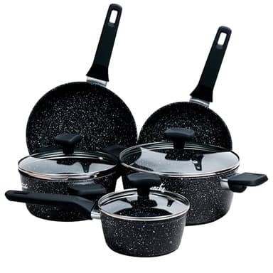 La Moustache - Batería de Cocina de Aluminio con Antiadherente【8 Piezas】sin PFOA y PFOS | 3 Ollas (Ø16/20/24 cm), 3 Tapas y 2 Sartenes (Ø20/24 cm) para Todas las Cocinas, Incluso Inducción (Onix)