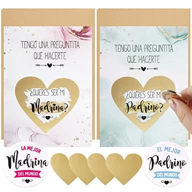 COLOFALLA 2pcs Quieres Ser Mi Madrina y Padrino + 2pcs Chapas La Mejor Madrina y Padrino con 2 Sobres Tarjeta Rasca Regalo Sorpresa