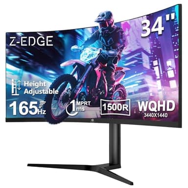 Z-Edge Monitor Gaming Curvo 34'', 165Hz, 3440x1440, 1ms MPRT, Altura & Inclinación Ajustables, Pantalla Ultra Ancho 21:9 con DP Cable, FreeSync, 1500R VA, 2* HDMI2.0 &2* DP1.4, RGB, VESA 100 * 100mm