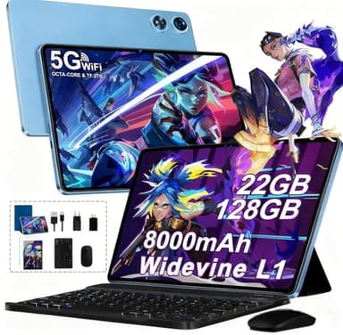 Tablet Android - Octa-Core 2.0GHz｜22GB RAM + 128GB ROM（Expandible 2TB ）｜8000mAh｜5G WiFi /Bluetooth 5.0｜Cámara Dual｜GMS Certificación Widevine L1｜5MP + 8MP｜Tablet 10 Pulgadas con Teclado y Raton - Azul