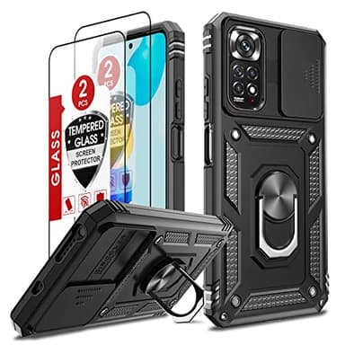 LeYi Funda para Xiaomi Redmi Note 11 / Note 11S 4G 6.43" con 2 Piezas Vidrio Templado, Armor Carcasa Cubierta de cámara Deslizante Proteger con 360 Anillo Soporte PC y Silicona TPU Case, Negro