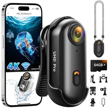 Cámara de acción 4K, cámara POV mejorada WiFi con tarjeta de 64 GB, cámara a presión para el pulgar con funda impermeable, cámara deportiva portátil, mini cámara corporal para correr, motocicleta