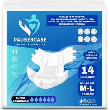 PAUSERCARE Pañales Adulto Unisex | Super Absorbentes Para Incontinencia | Hombres & Mujeres | 14 Unidades Desechables | Máxima Absorción Día y Noche | TALLA (M-L)