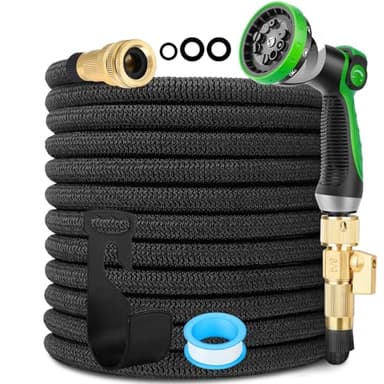 HORTICORA Manguera de Jardín Extensible 35FT, Manguera de Agua Ultraligera y Flexible con Boquilla de Pulverización de 10 Patrones, Válvula de Cierre y Conexiones de Latón Macizo 3/4"
