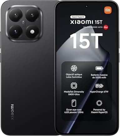 XIAOMI 15T, Smartphone 12 + 512 GB, Pantalla 6.83" 120Hz con Protección ocular, MediaTek Dimensity 8400-Ultra, Lente Leica Summilux 50MP, 5500mAh, Negro, Cargador Incluido, sin NFC