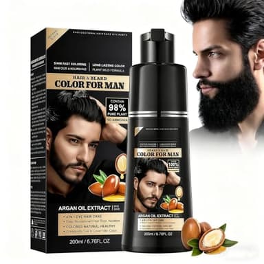 Negro Tinte Pelo Hombre 4 en 1 Champú Colorante con Aceite de Argán, Cobertura Natural de Canas, Champú Anticanas Suave para Barba y Cabello, Cuidado Diario, 200 ml