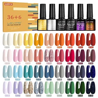 LEVIPE 42 Pcs Esmalte Semipermanente para Uñas Gel UV LED, 36 Colore de Pintauñas Semipermanentes con 2 Base, Top Coat Brillante y Mate, capa Superiores de Diamante y Brilla en la Oscuridad