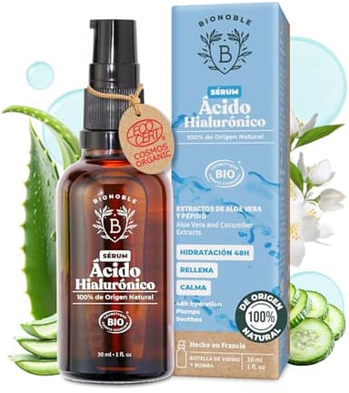 BIONOBLE Serum Facial Acido Hialuronico Orgánico - Antiarrugas Mujer, Hidratante Facial y Antiedad - Piel, Cara, Contorno de Ojos - Botella de Vidrio con Bomba - Serum Acido Hialuronico Vegano - 30ml
