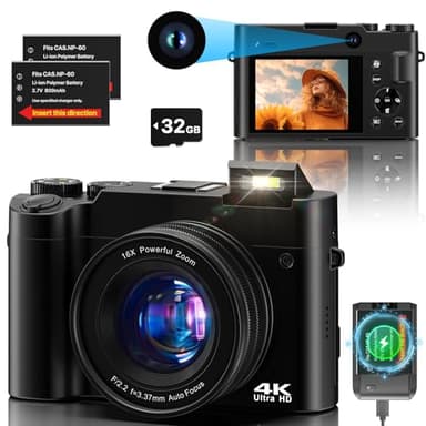 Cámara Digital 4K, 64 MP Dual Camera Antivibración Vlogging Cámara Fotográfica con Tarjeta de Memoria de 32 GB, Zoom Digital 16X, 2 baterías y Cargador, y Cámara Compacta para Principiantes