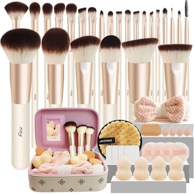 ALLFYL Set de 49 Brochas de Maquillaje Profesionales Premium con Brocha Base y Estuche de Cuero con Espejo - Kit Completo para Contorno, Polvos y Sombras