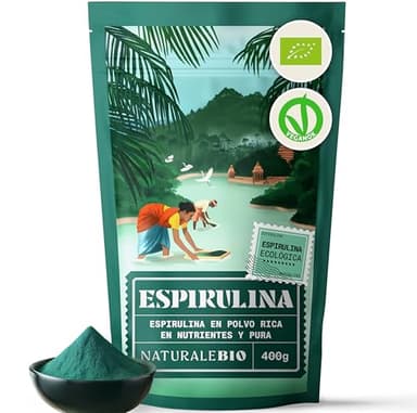 NaturaleBio Alga Espirulina Ecológica En Polvo 400g. Orgánica, Natural y Pura, Cultivada en regiones tropicales asiáticas. Ideal en bebidas y batidos, o recetas. Apto para vegetarianos y veganos.