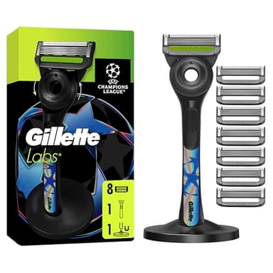 GilletteLabs UEFA Champions League Special Edition Maquinilla De Afeitar Para Hombre Con Barra Exfoliante, 1 Mango + 8 Cuchillas De Recambio, Incluye Soporte Magnético Prémium