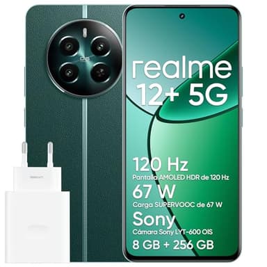 realme 12+ 5G Smartphone, 8 GB y 256 GB con NFC, Sony LYT-600 OIS, Chipset Dimensity 7050, Pantalla AMOLED de 120 Hz, Potente Batería de 5000mAh, Pioneer Green (Adaptador Incluido)