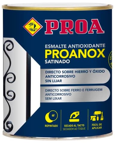 Esmalte antioxidante directo sobre óxido. SATINADO. Negro Ral 9005. 250 ML. Pintar sobre hierro y óxido sin necesidad de imprimación. PROANOX.
