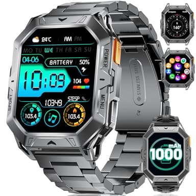 Reloj Inteligente Hombre, 256 Memoria con 1000mAh Batería/Brújula/Altitud/Barómetro, 2.13" AMOLED Smartwatch Llamadas Bluetooth, 10ATM Impermeable, 100+ Deportivos, Seguimiento de la Salud Android iOS