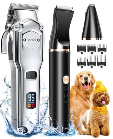 oneisall Kit de Premium 3 en 1 Maquina Cortar Pelo Perros, IPX7 impermeable Maquina de Cortar Pelo para Perros y Cortapelos para Patas de Perros