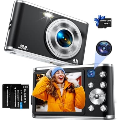 Cámara Digital, AutoFocus 4K Cámara Compacta Cámara fotográfica con Tarjeta de Memoria de 32 GB con cámara Dual HD 48 MP Zoom Digital 16X Pantalla Grande de 2,8" para Principiantes