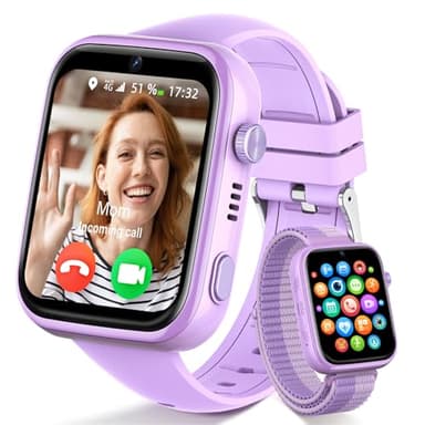 4G Reloj Inteligente Niño, Smartwatch Niños con GPS y Llamadas, Videollamadas, Chat de Voz, SMS, WhatsApp, SIM, SOS, Modo Escuela, WiFi, Localizador, Podómetro IP68 Reloj Niño y Niñas Violeta Regalo