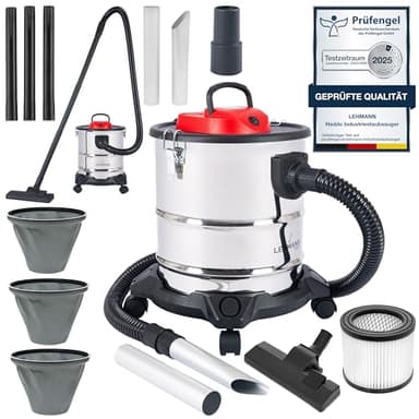 LEHMANN Aspiradora Industrial 3 en 1, 2000W, Aspirador de Cenizas con Depósito de 20 litros de Acero Inoxidable, Filtro HEPA, Sistema de Filtración Doble, Función Soplador, Alcance de hasta 6 m