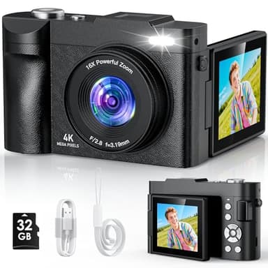 Cámara Digital, Camara de Fotos 16X Zoom, Cámara Compacta con Pantalla Flip De 180° De 2,8", Autofocus Vlogging Cámara con 32GB, Recargable Cámara Fotográfica para Principiantes, Adolescentes