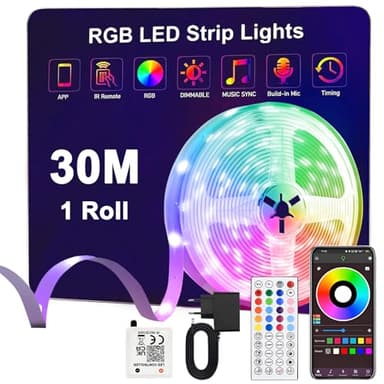 Anmossi Tira LED 30m,24V RGB Tiras LED con IR Control Remoto y Bluethooth App,Sincronización de Música,Modo Temporización,Luces LED Habitación,para Dormitorio,Sala,Cocina,Bar,Fiesta