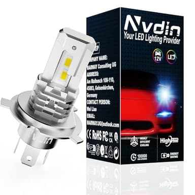 Nvdin bombillas H4 LED, 20000LM lámpara para faros de coche 12v, hasta un 250% más de luz, 6000k blanco luces, paquete de 1