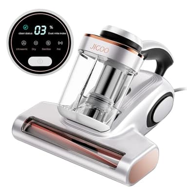JIGOO J300 Aspirador de Ácaros con Sensor y Pantalla Digital, 500W, Doble Taza, Luz UV, para Alergias, Elimina 99.9% de Alérgenos en Colchones, Camas y Sofás