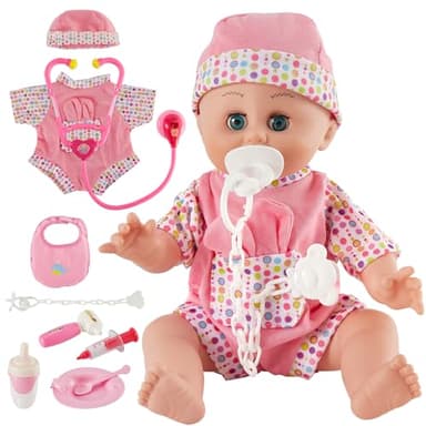 HERSITY Muñeco Bebe Niño Juguete con 12 Sonido, Juego Doctor Niña, Muñeca Blandito con Abre y Cierra Automático los Ojos Ropa y Accesorios, Juego de rol para 2 3 Años