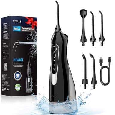 COSLUS Irrigador Bucal Portatil Flosser: 300ML Irrigador Dental Inalámbrico de Riego para Limpieza Dental Doble chorro de agua IPX7 Impermeable Limpieza Diente Para el Hogar baño y los Viajes Negro