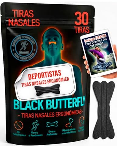Tiras nasales BLACK BUTTERFLY Deportistas - doble refuerzo, máxima adhesión (6X2,30 cm) – Mejora la Respiración y la Oxigenación, Antironquidos, Máxima Adhesión para Deporte y Dormir