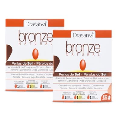Drasanvi BRONZE Acelerador de bronceado, Betacarotenos, Protege la Piel de Rayos UVA y Previene el Envejecimiento, Rosa Mosqueta, Tomate, Zanahoria y Alga Dunaliella, Vit. E, Licopeno, Luteína