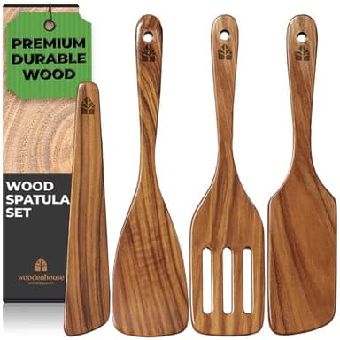 Espátulas Madera Para Cocinar - Juego de 4 Utensilios de Cocina Madera de Teca, incluye Espátula volteadora, ranurada, raspador y para freír. Accesorios Cocina - Duraderos y Antiadherentes