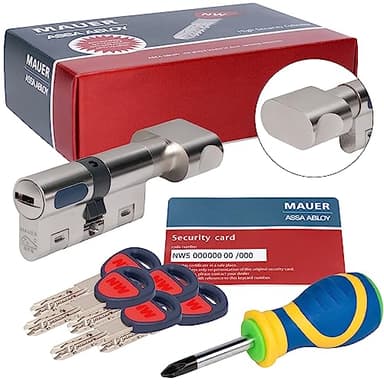 MAUER NW5 Bombin de Seguridad 31x31 Color Niquel con Pomo + Destornillador, Cilindro Bombillo Reforzado Anti Impresioning Anti Rotura AntiBumping Anti-Taladro Leva Anti-Extracción Cerradura