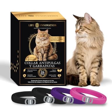 Pack de 4 Collares Antiparasitarios para Gatos, 24 Meses de Protección contra Pulgas, Garrapatas y Mosquitos – 100 % Natural, Impermeable, Ajustable, para Todos los Tamaños.