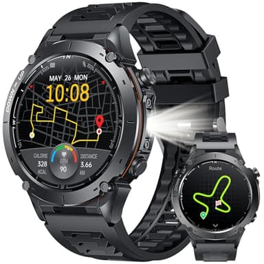 Smartwatch Reloj Inteligente Hombre con GPS: 1.43" AMOLED Smart Watch con linterna Brújula llamadas Bluetooth Monitorización Oxígeno Sueño 100+Modos Deportivos 3ATM Impermeable 730mAh para Android iOS
