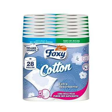 Foxy Cotton Papel higiénico, 28 rollos, 5 capas con verdaderas fibars de algodón, Certificación FSC, Paquete reciclable producido con plástico reciclado