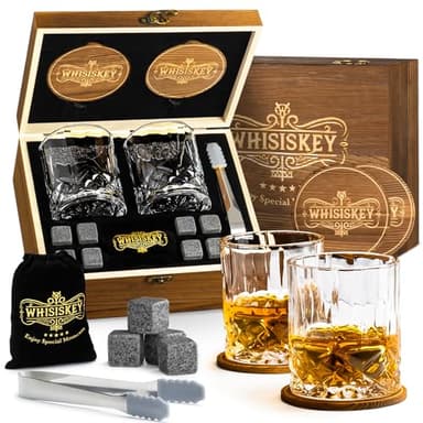 Whisiskey Set de Vasos de Whisky - Set de Regalo de Whisky - Vaso Whisky - Regalos Originales para Hombres - Caja de Regalo, 2 Vasos de Whiskey x 310ML, 8 Cubitos Hielo Reutilizables, Accesorios