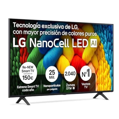 LG 55NANO80A6B - TV 55", 4K NanoCell, Smart TV, LED IA, WebOS 25, Procesador Potente e Inteligente, Super Upscaling, Dolby Digital Plus, Alexa/Google Assistant, Negro