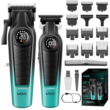 VGR 196 & 996 Set de Maquina Cortar Pelo Profesional, Kit de Maquina de Cortar Pelo Hombre Inalámbrico con Cuchillas de Cerámica Recubiertas de Titanio, Pantalla LED, 10 Peine Guías y 1 Peine, Verde