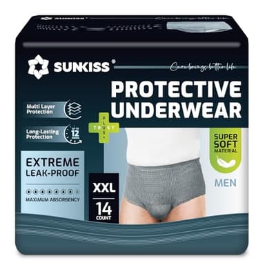 SUNKISS Pañales para Hombre con Incontinencia Protección Diurna Desechable Adultos Ropa Interior Absorbente con Máxima Gris Talla XXL 14 Unidades