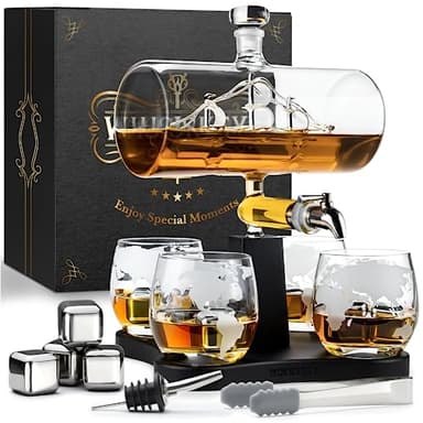WHISISKEY Decantador de Whisky - Jarra de whisky - Decantador 1100ml - Set de Regalo de Whisky - Regalos Originales para Hombres - 4 Vasos de Whiskey x 285ML, 4 Piedras de Whisky, Accesorios