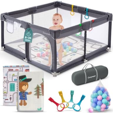 COZYNEST Parque Infantil Bebé 120x120 cm con Alfombra Acolchada, 30 Bolas y Bolsa de Viaje - Corralito Portátil con 4 Agarraderas - Seguro, Rápido de Montar y Divertido